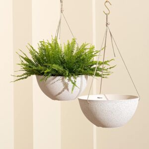 13-Inch Large Hanging Planters for Outdoor Plants – Set of 2 Speckled White Hanging Flower Pots