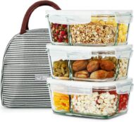 3-Pack 36 oz Glass Bento Meal Prep Containers with 3 Compartments & Lids